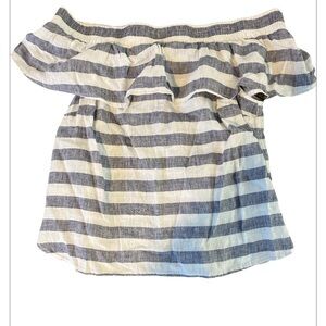 Saks Fifth Avenue Halter Top White Blue Striped Ruffle 100% Linen Size Large